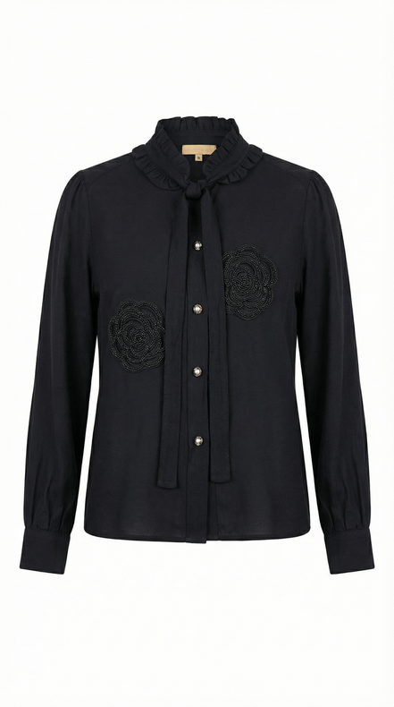 Cămașă „Midnight Rose” – Neagră cu Trandafiri din Mărgele și Eșarfă - OK Lux. All rights reserved. - Shirts - 