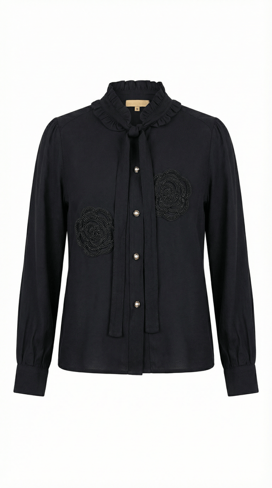 Cămașă „Midnight Rose” – Neagră cu Trandafiri din Mărgele și Eșarfă - OK Lux. All rights reserved. - Shirts - 