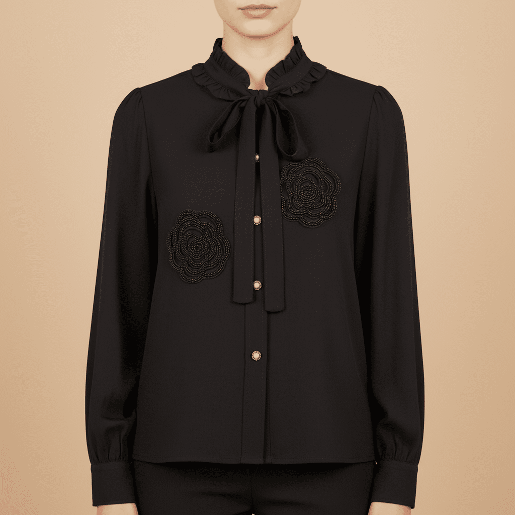 Cămașă Midnight Rose – Neagră cu Trandafiri din Mărgele și Eșarfă – Handmade by Laura Stoica - OK Lux. All rights reserved. - Cămăși - 