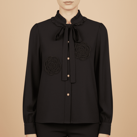 Cămașă Midnight Rose – Neagră cu Trandafiri din Mărgele și Eșarfă – Handmade by Laura Stoica - OK Lux. All rights reserved. - Cămăși - 