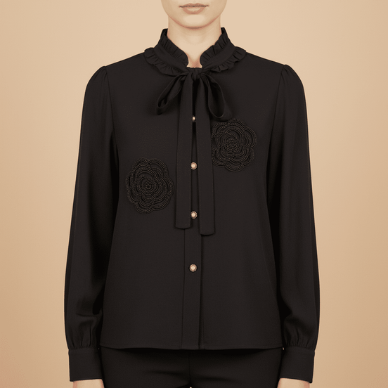 Cămașă Midnight Rose – Neagră cu Trandafiri din Mărgele și Eșarfă – Handmade by Laura Stoica - OK Lux. All rights reserved. - Cămăși - 
