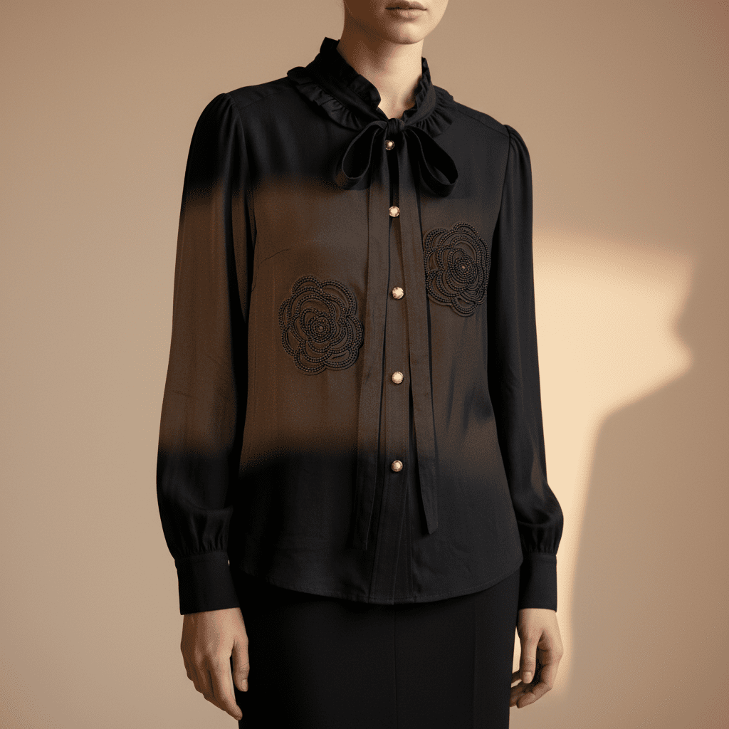 Cămașă Midnight Rose – Neagră cu Trandafiri din Mărgele și Eșarfă – Handmade by Laura Stoica - OK Lux. All rights reserved. - Cămăși - 