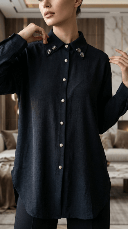 Cămașă „Onyx & Pearl” – Neagră Texturată cu Guler Decorat - OK Lux. All rights reserved. - Blouses - 