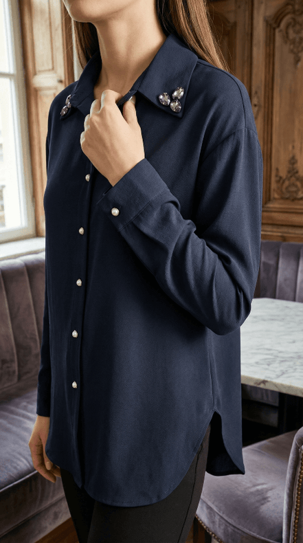 Cămașă „Onyx & Pearl” – Neagră Texturată cu Guler Decorat - OK Lux. All rights reserved. - Blouses - 