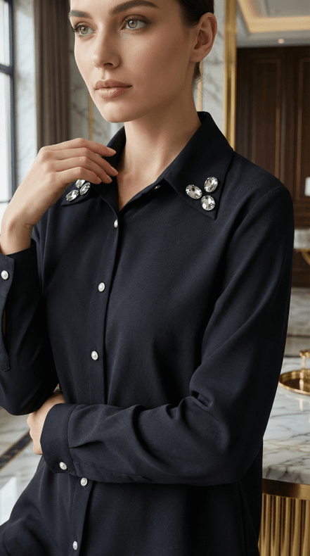 Cămașă „Onyx & Pearl” – Neagră Texturată cu Guler Decorat - OK Lux. All rights reserved. - Blouses - 