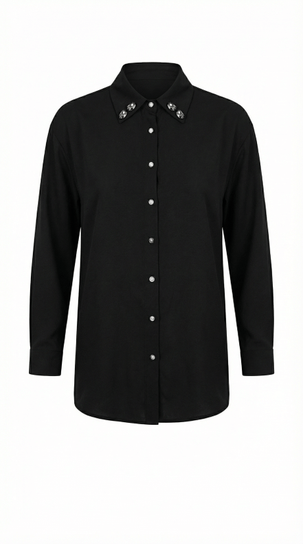 Cămașă „Onyx & Pearl” – Neagră Texturată cu Guler Decorat - OK Lux. All rights reserved. - Blouses - 