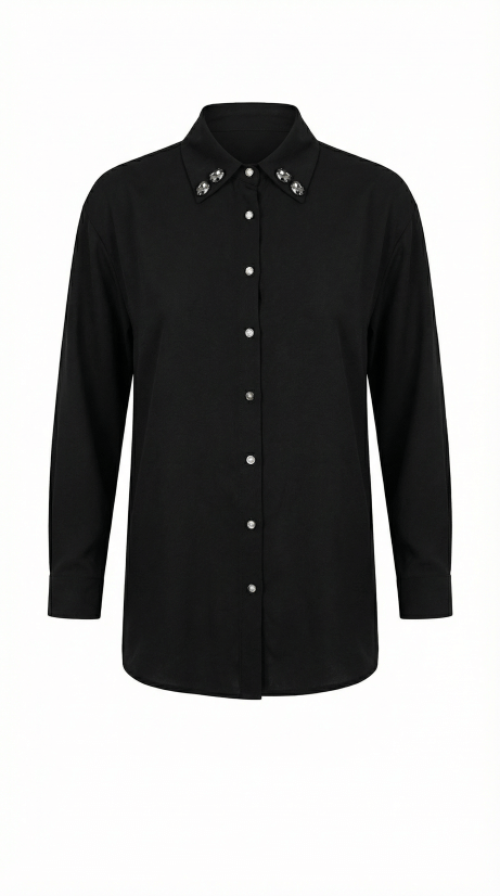 Cămașă „Onyx & Pearl” – Neagră Texturată cu Guler Decorat - OK Lux. All rights reserved. - Blouses - 