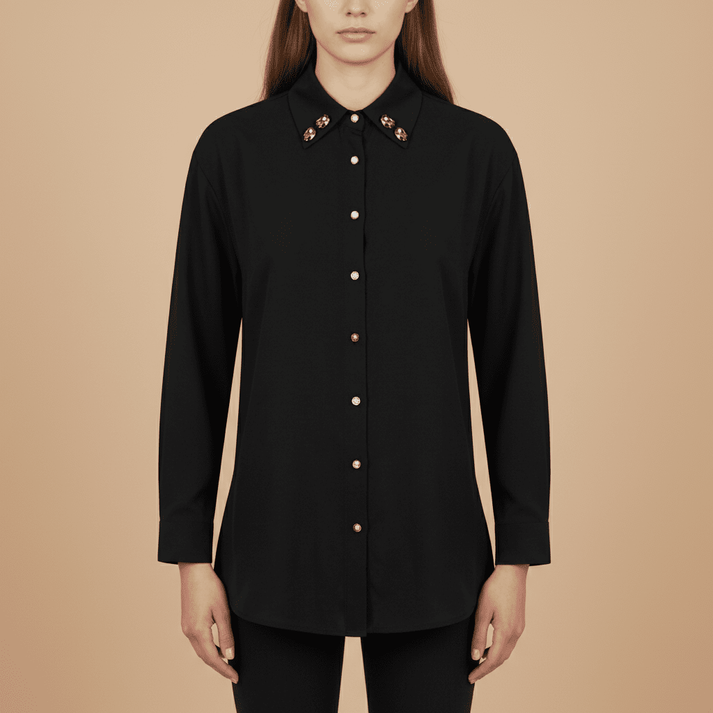 Cămașă Onyx & Pearl – Neagră Texturată cu Guler Decorat și Cristale – Design Laura Stoica - OK Lux. All rights reserved. - Cămăși - 