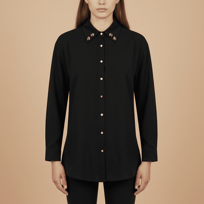 Cămașă Onyx & Pearl – Neagră Texturată cu Guler Decorat și Cristale – Design Laura Stoica - OK Lux. All rights reserved. - Cămăși - 