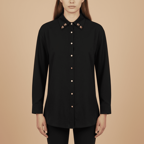 Cămașă Onyx & Pearl – Neagră Texturată cu Guler Decorat și Cristale – Design Laura Stoica - OK Lux. All rights reserved. - Cămăși - 