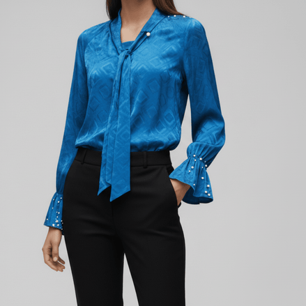 Cămașă rafinată cu perle și ștrasuri, albastru - OK Lux. All rights reserved. - Shirts - BLUE - 