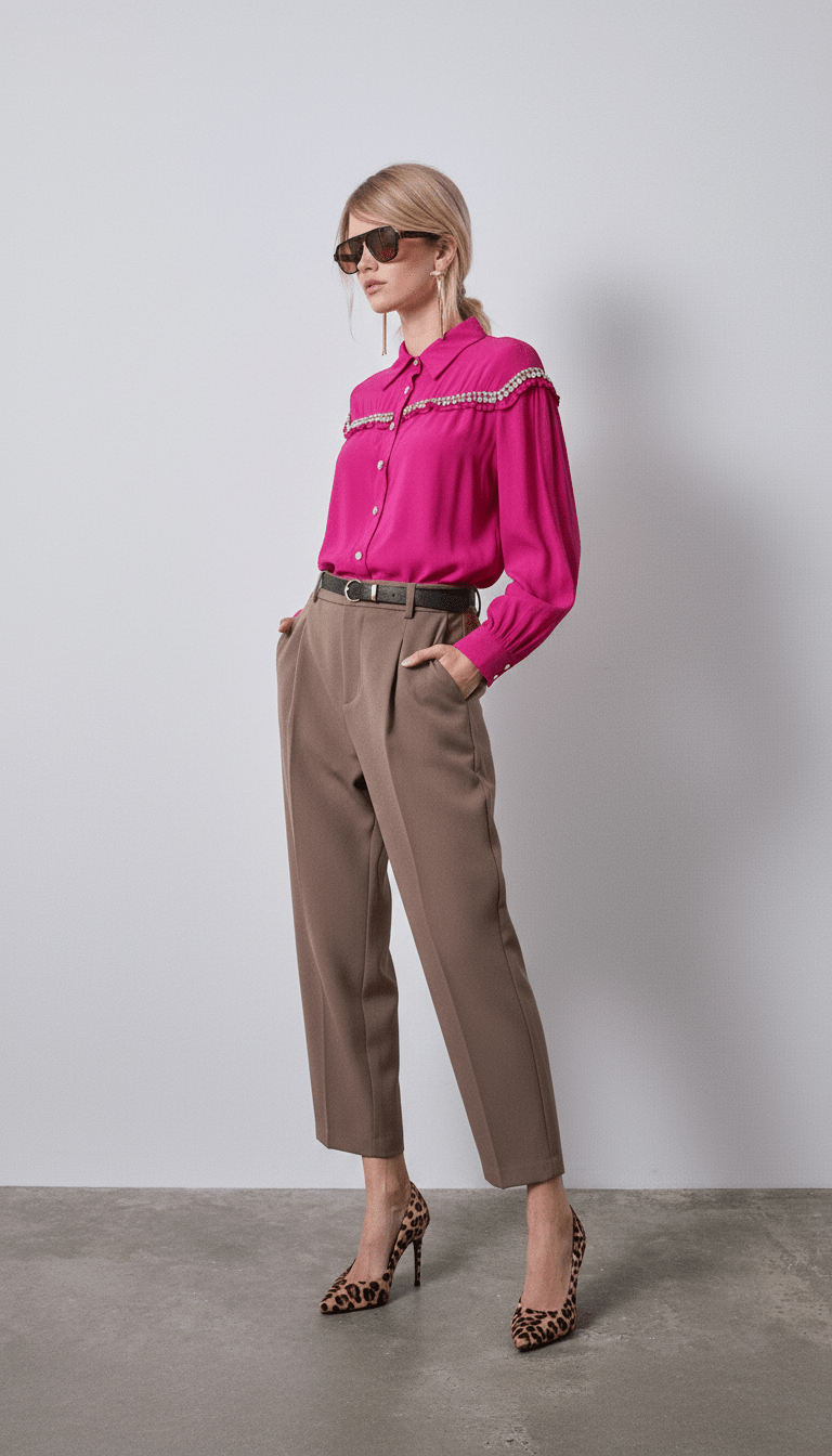 Cămașă roz fucsia cu perle și ștrasuri - OK Lux. All rights reserved. - Shirts - FUCHSIA PINK - 