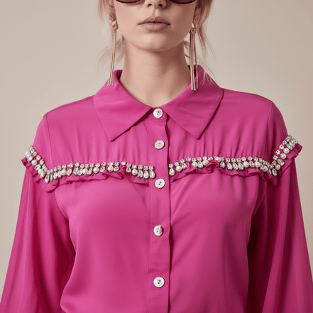 Cămașă roz fucsia cu perle și ștrasuri - OK Lux. All rights reserved. - Shirts - FUCHSIA PINK - 