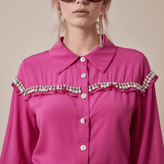 Cămașă roz fucsia cu perle și ștrasuri - OK Lux. All rights reserved. - Shirts - FUCHSIA PINK - 