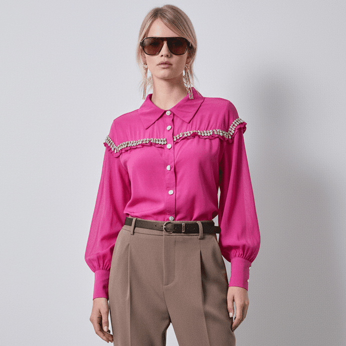 Cămașă roz fucsia cu perle și ștrasuri - OK Lux. All rights reserved. - Shirts - FUCHSIA PINK - 