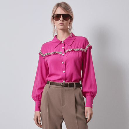 Cămașă roz fucsia cu perle și ștrasuri - OK Lux. All rights reserved. - Shirts - FUCHSIA PINK - 