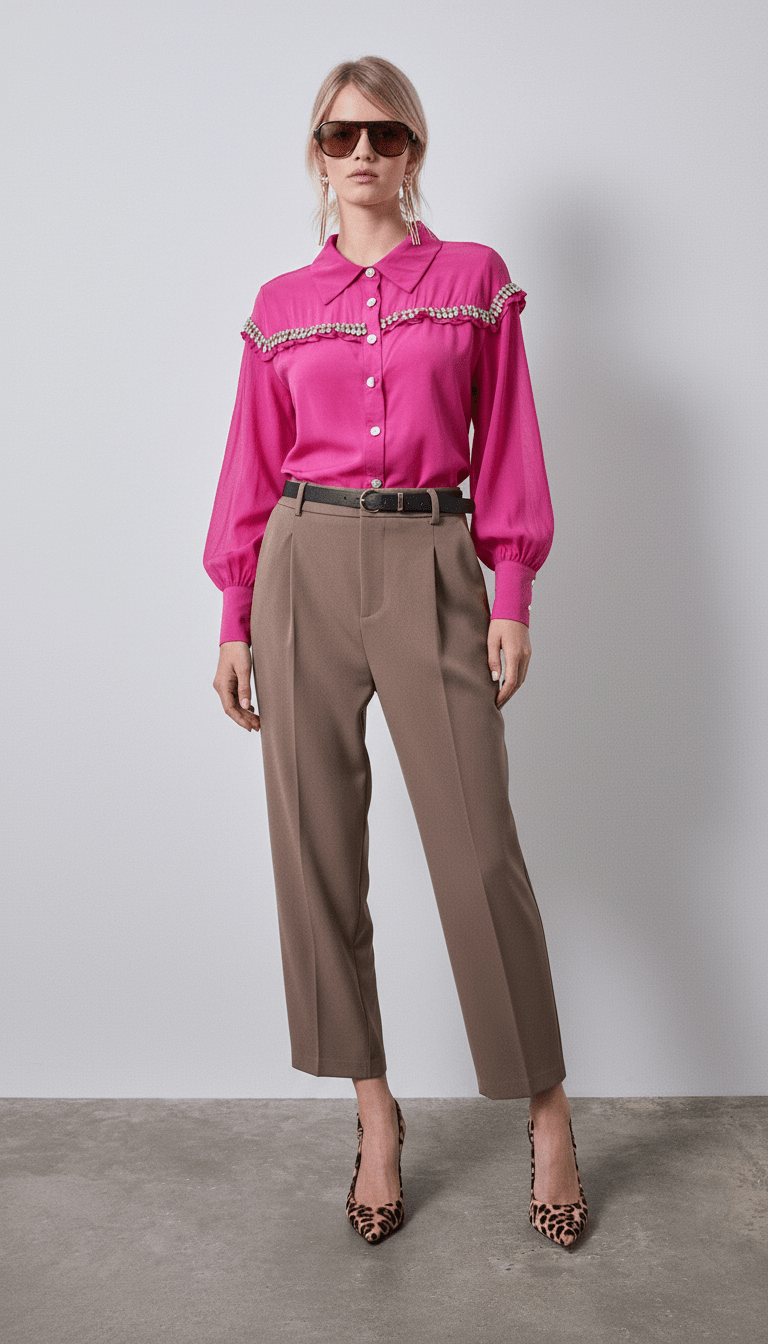 Cămașă roz fucsia cu perle și ștrasuri - OK Lux. All rights reserved. - Shirts - FUCHSIA PINK - 