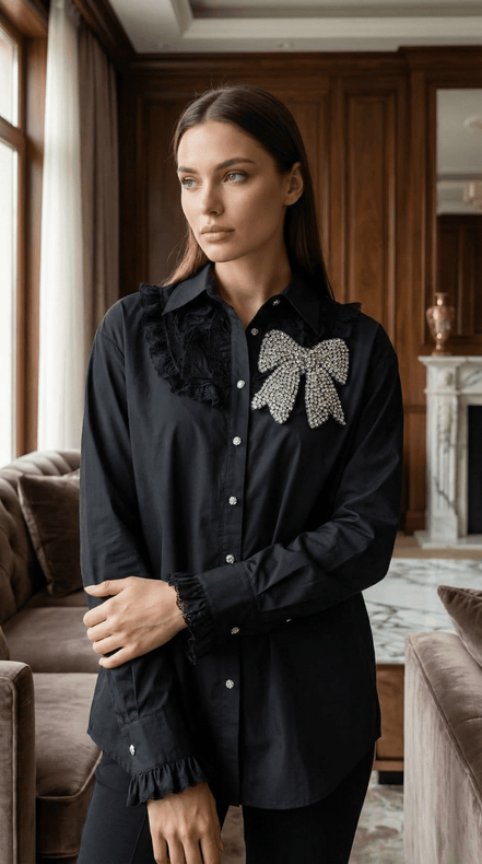 Cămașă Statement „Crystal Bow” – Neagră cu Fundă și Cristale - OK Lux. All rights reserved. - Shirts - 