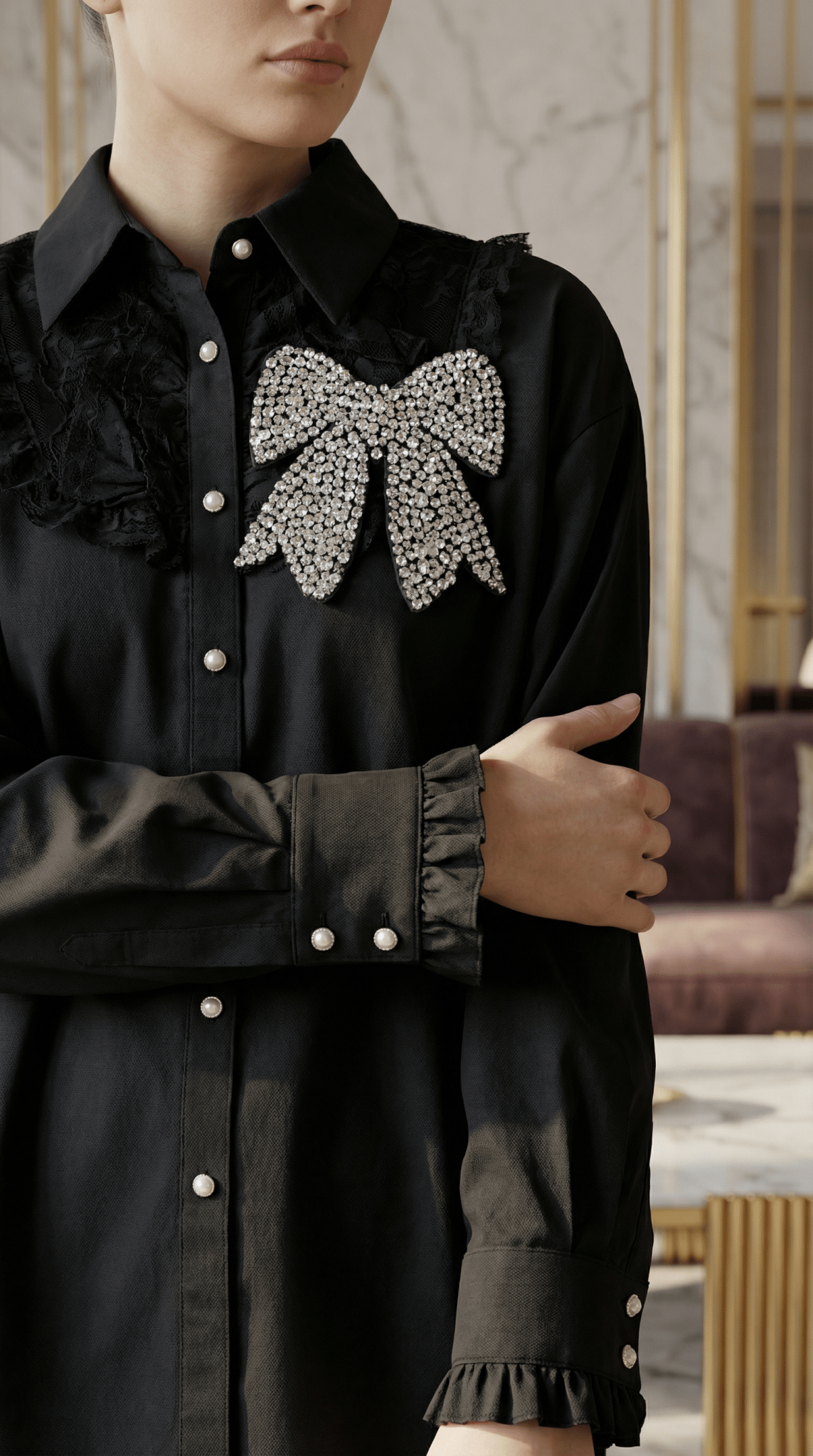 Cămașă Statement „Crystal Bow” – Neagră cu Fundă și Cristale - OK Lux. All rights reserved. - Shirts - 