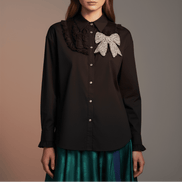 Cămașă Statement „Crystal Bow” – Neagră cu Fundă și Cristale - OK Lux. All rights reserved. - Cămăși - 