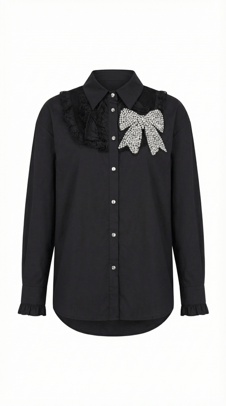 Cămașă Statement „Crystal Bow” – Neagră cu Fundă și Cristale - OK Lux. All rights reserved. - Shirts - 