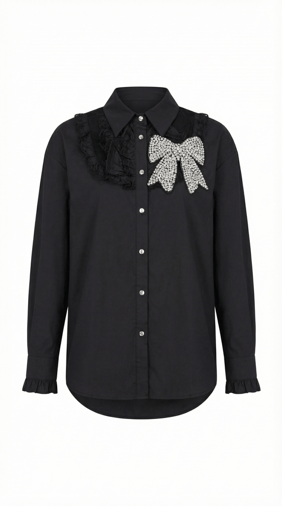 Cămașă Statement „Crystal Bow” – Neagră cu Fundă și Cristale - OK Lux. All rights reserved. - Shirts - 