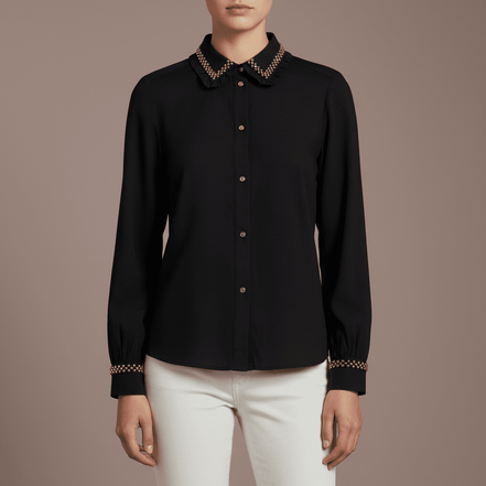 Cămașă Statement Emerald Noir – Neagră cu Cristale Aurii și Dantelă – Handmade by Laura Stoica - OK Lux. All rights reserved. - Shirts - 