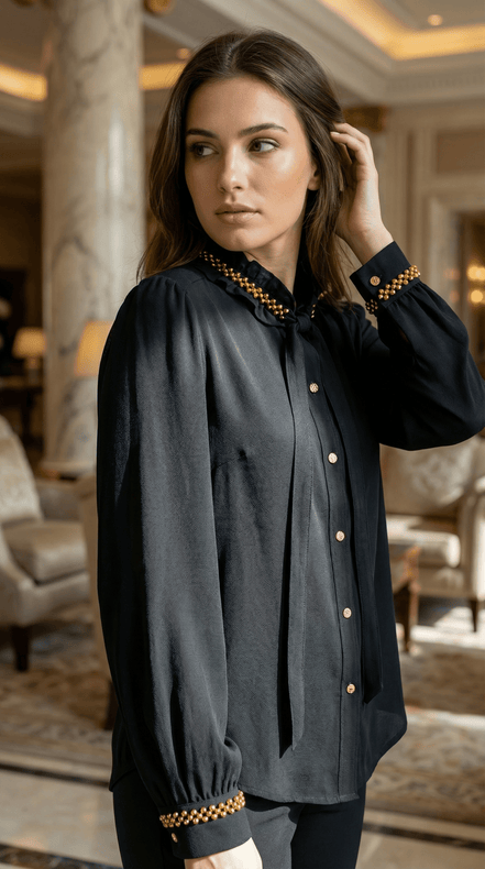 Cămașă Statement „Emerald Noir” – Neagră cu Cristale Verzi și Dantelă - OK Lux. All rights reserved. - Shirts - 