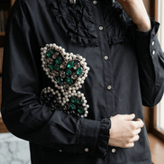 Cămașă Statement „Emerald Noir” – Neagră cu Cristale Verzi și Dantelă - OK Lux. All rights reserved. - Shirts - 