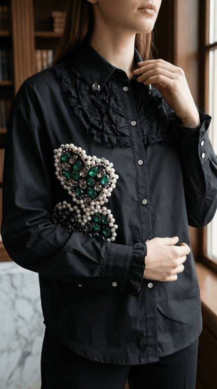 Cămașă Statement „Emerald Noir” – Neagră cu Cristale Verzi și Dantelă - OK Lux. All rights reserved. - Shirts - 