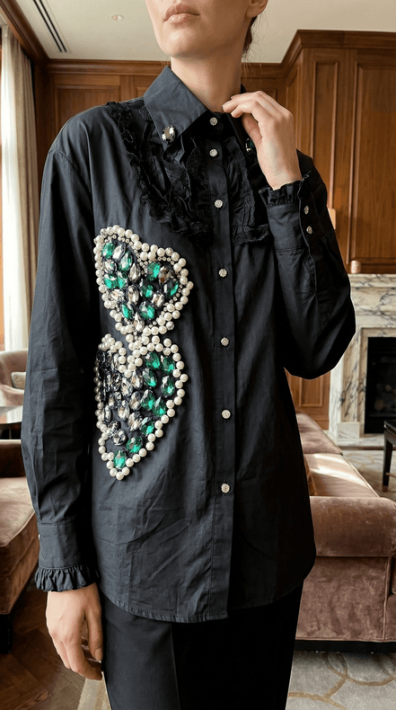 Cămașă Statement „Emerald Noir” – Neagră cu Cristale Verzi și Dantelă - OK Lux. All rights reserved. - Shirts - 