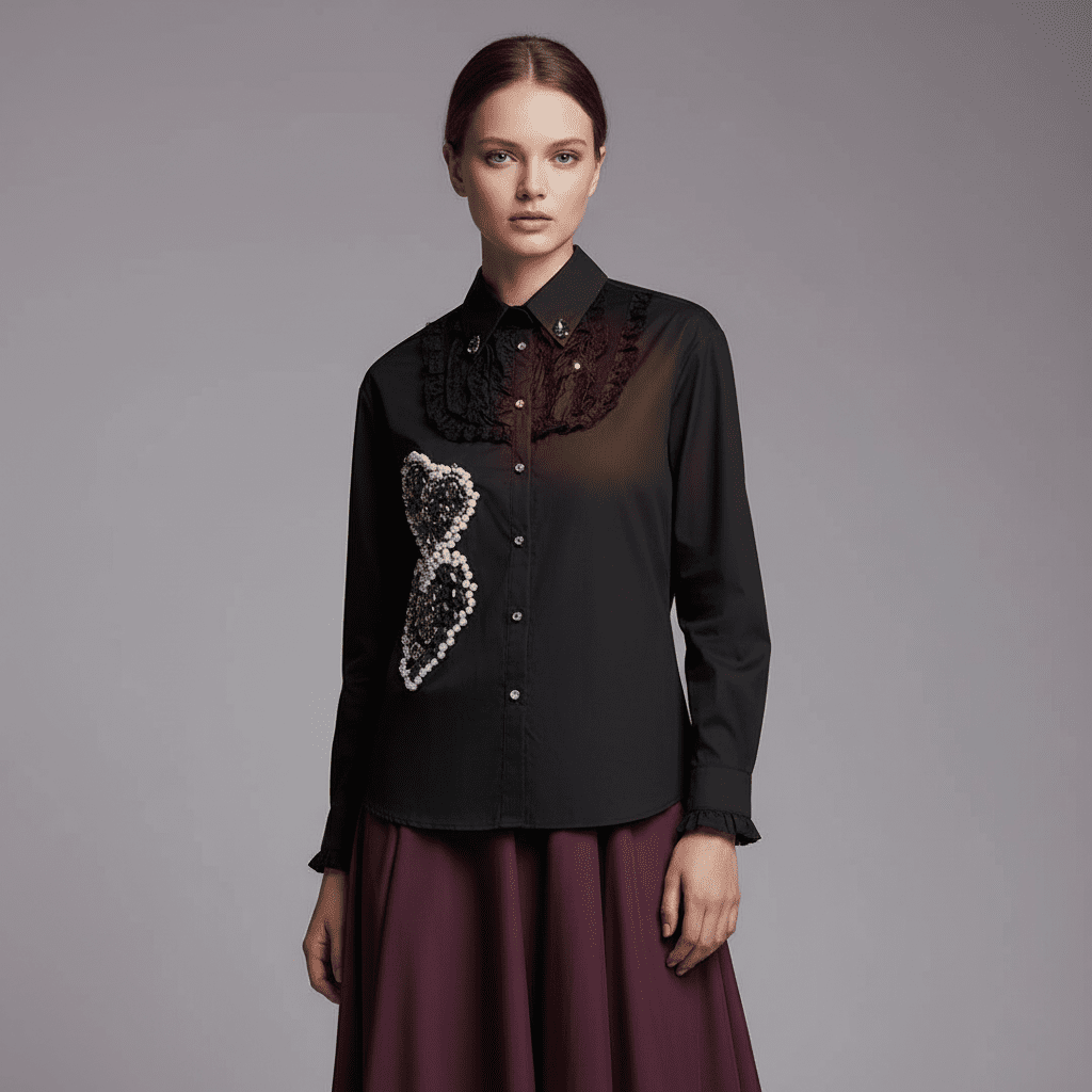 Cămașă Statement „Emerald Noir” – Neagră cu Cristale Verzi și Dantelă - OK Lux. All rights reserved. - Cămăși - 