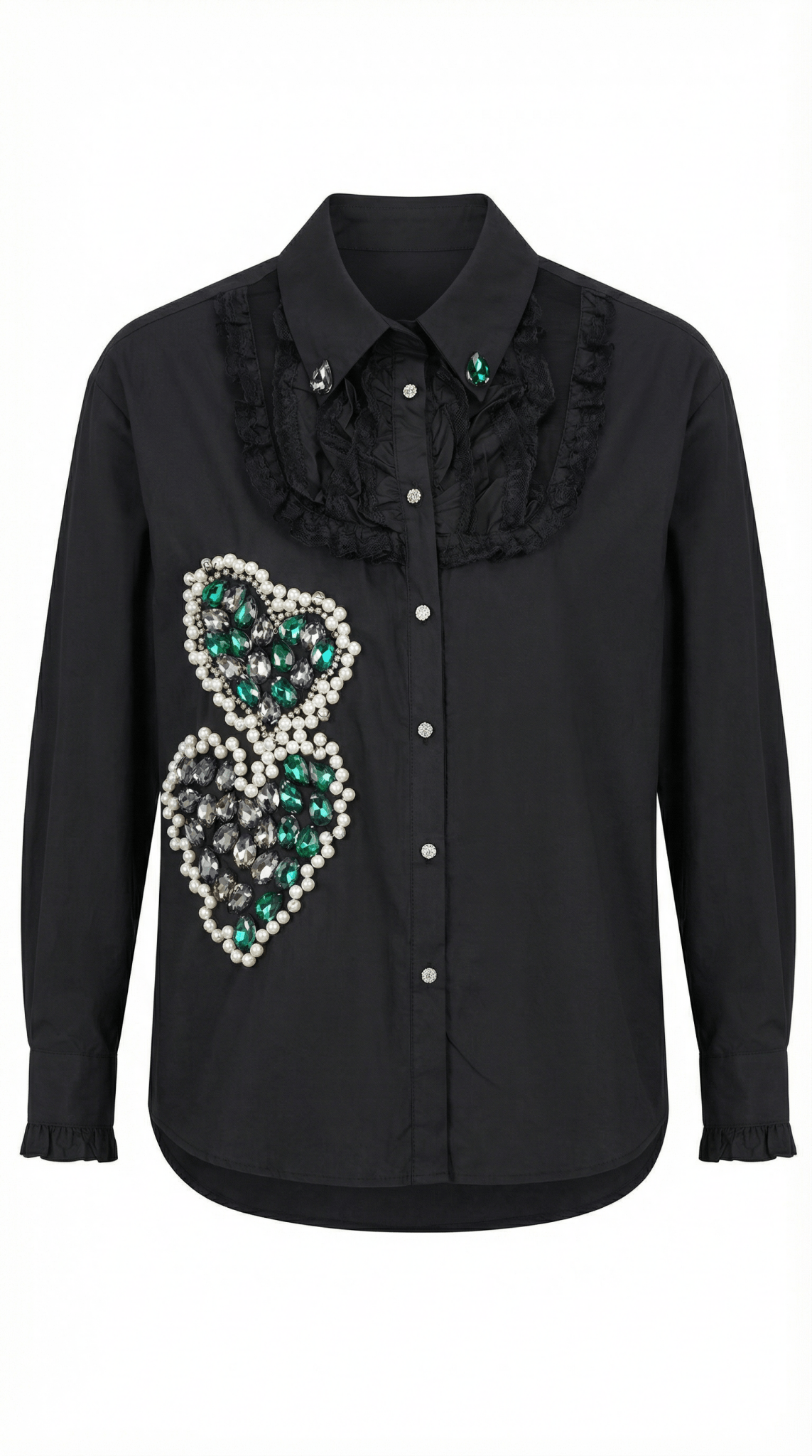Cămașă Statement „Emerald Noir” – Neagră cu Cristale Verzi și Dantelă - OK Lux. All rights reserved. - Shirts - 