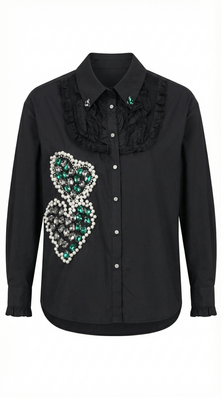 Cămașă Statement „Emerald Noir” – Neagră cu Cristale Verzi și Dantelă - OK Lux. All rights reserved. - Shirts - 