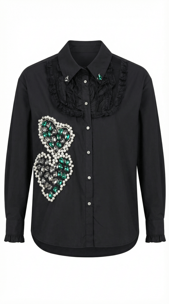 Cămașă Statement „Emerald Noir” – Neagră cu Cristale Verzi și Dantelă - OK Lux. All rights reserved. - Shirts - 