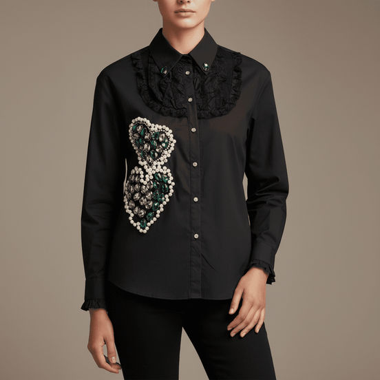 Cămașă Statement „Emerald Noir” – Neagră cu Cristale Verzi și Dantelă - OK Lux. All rights reserved. - Cămăși - 