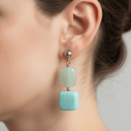 Cercei Amazonit Pătrat 10mm și Jad 8mm cu Oțel Inoxidabil - Bijuterie Handmade Laura Stoica - OK Lux. All rights reserved. - Earrings - 3 CM - 