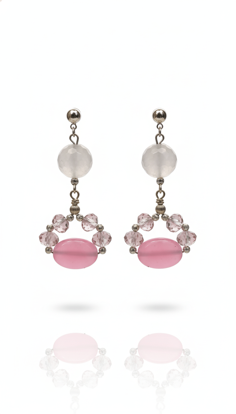 Cercei argint 925 cu cuart roz 12 mm, agate roz 12 mm si cristale 8 mm - OK Lux. All rights reserved. - Earrings - 6 CM - 