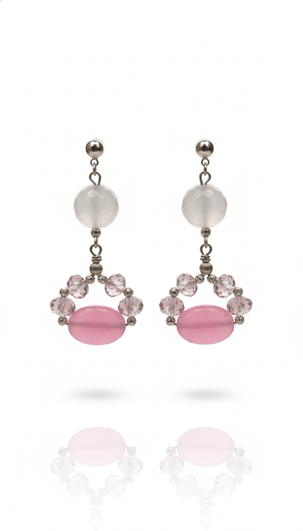 Cercei argint 925 cu cuart roz 12 mm, agate roz 12 mm si cristale 8 mm - OK Lux. All rights reserved. - Earrings - 6 CM - 