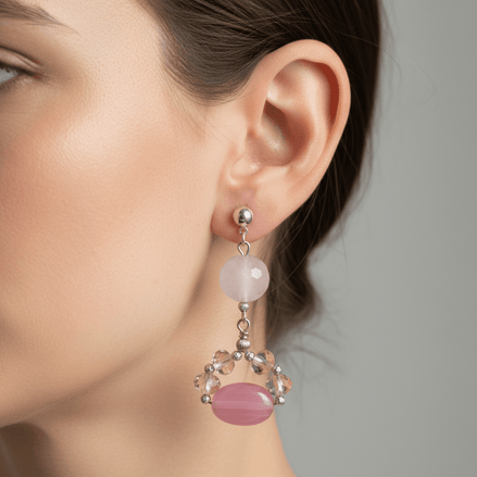 Cercei Cuarț Roz 12mm, Agate Roz 12mm și Cristale 8mm cu Argint 925 - Bijuterie Handmade Laura Stoica - OK Lux. All rights reserved. - Earrings - 6 CM - 