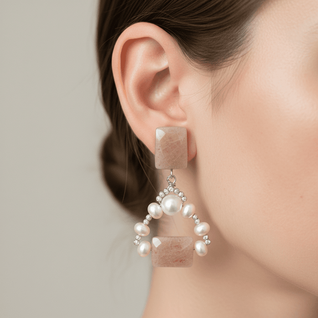 Cercei Cuarț Strawberry 12mm și Perle de Cultură 8mm cu Argint 925 - Bijuterie Handmade Laura Stoica - OK Lux. All rights reserved. - Earrings - 7.5 CM - 