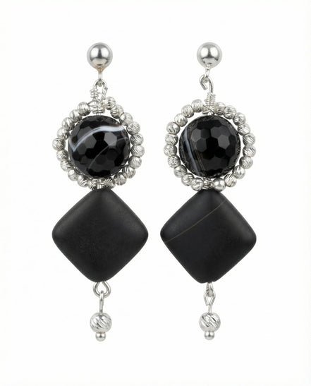 Cercei din agate dantelate si onix mat cu bilute si tortite din argint - OK Lux. All rights reserved. - Earrings - 