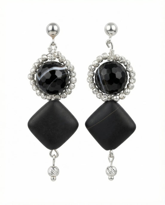 Cercei din agate dantelate si onix mat cu bilute si tortite din argint - OK Lux. All rights reserved. - Earrings - 