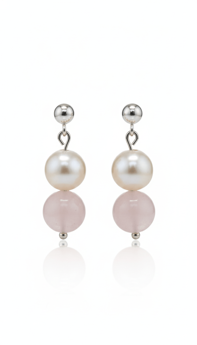 Cercei din argint cu cuart roz de 10 mm si perla naturala de cultura de 10 mm - OK Lux. All rights reserved. - Earrings - 