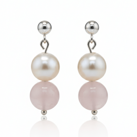 Cercei din argint cu cuart roz de 10 mm si perla naturala de cultura de 10 mm - OK Lux. All rights reserved. - Earrings - 