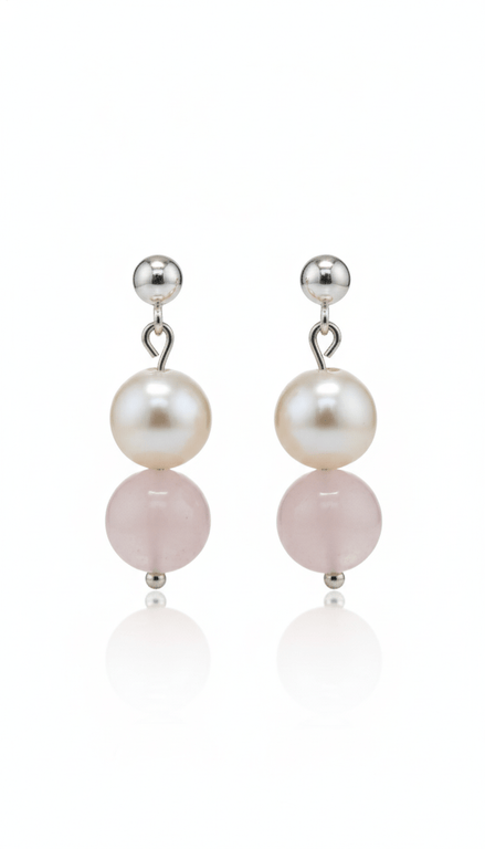 Cercei din argint cu cuart roz de 10 mm si perla naturala de cultura de 10 mm - OK Lux. All rights reserved. - Earrings - 