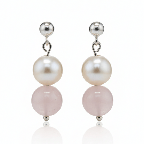 Cercei din argint cu cuart roz de 10 mm si perla naturala de cultura de 10 mm - OK Lux. All rights reserved. - Earrings - 
