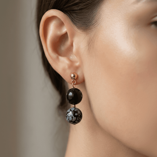 Cercei Obsidian Natural cu Tortițe Placate cu Aur - Bijuterie Handmade Laura Stoica - OK Lux. All rights reserved. - Earrings - 