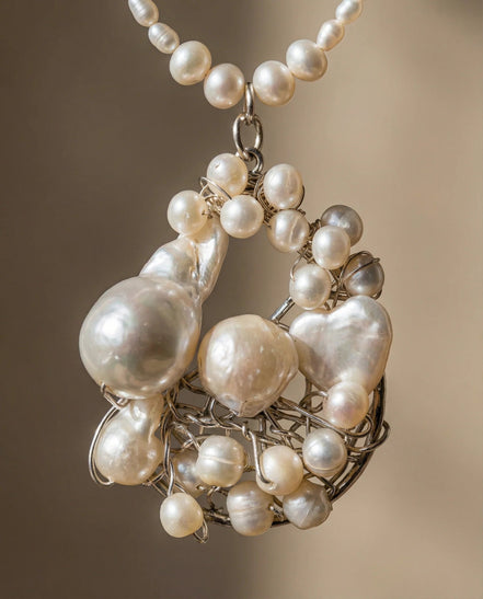 Detaliu pandantiv baroc unicat cu perle de cultură și argint 925