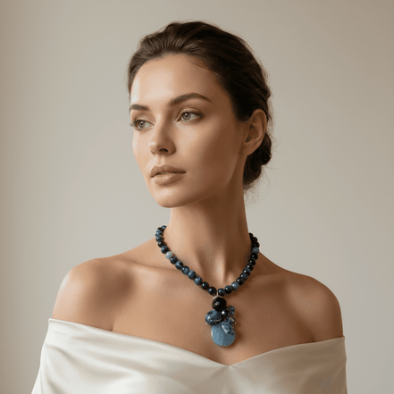 Colier din agate dantelate cu pandantiv acvamarin, turcoaz și cristale, argint 925, 40cm